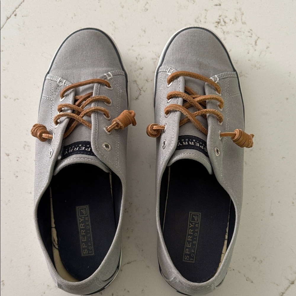 Sperry Topsider Gray Linen Slip On Faux Lace Tennis Shoes Crest Vibe Size 9.5